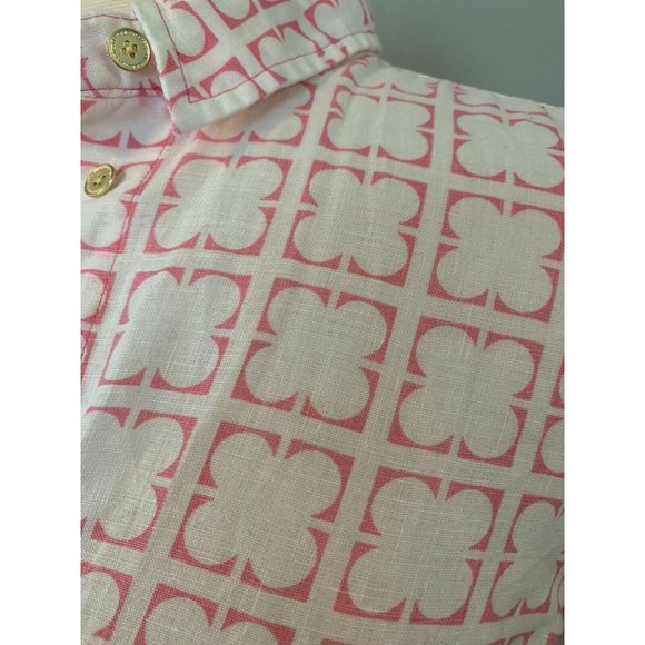Women’s Linen pink & white clover leaf button up blouse PM M summer comfort Prep - Picture 8 of 12